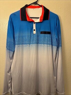 Men's Long-Sleeve Blue and White Performance Gradient Polo with Contrast Collar